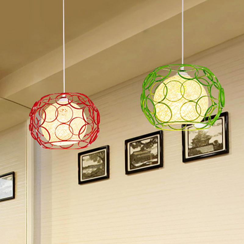 Modern Metal Hanging Pendant Light With Wire Guard And Weave Ball Shade White/Green 10/12.5 W Green