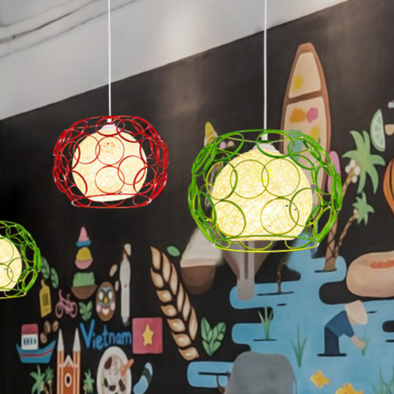 Modern Metal Hanging Pendant Light with Wire Guard and Weave Ball Shade – White/Green, 10"/12.5" W