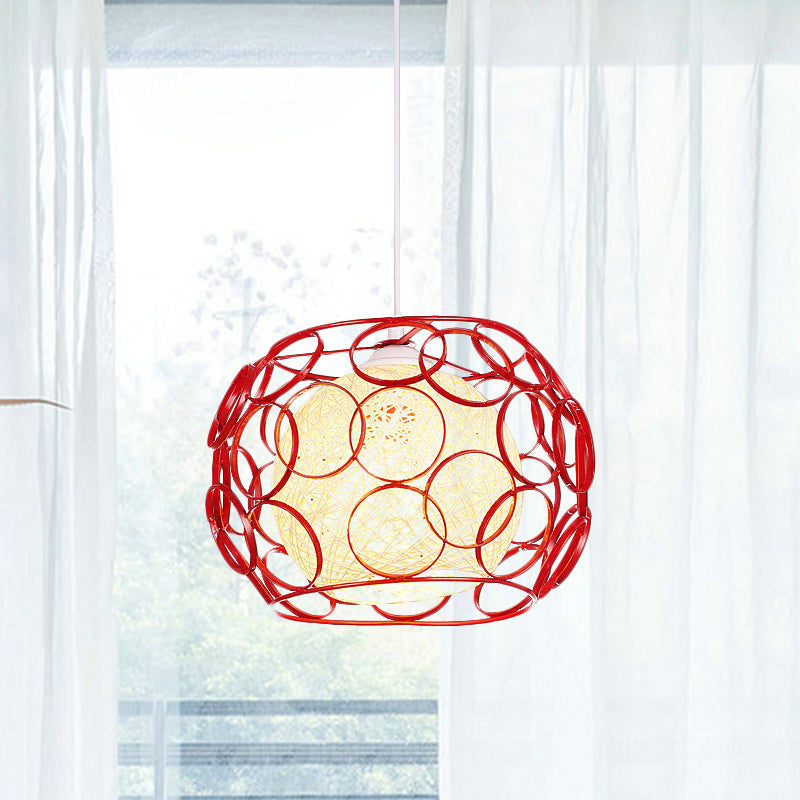 Modern Metal Hanging Pendant Light With Wire Guard And Weave Ball Shade White/Green 10/12.5 W