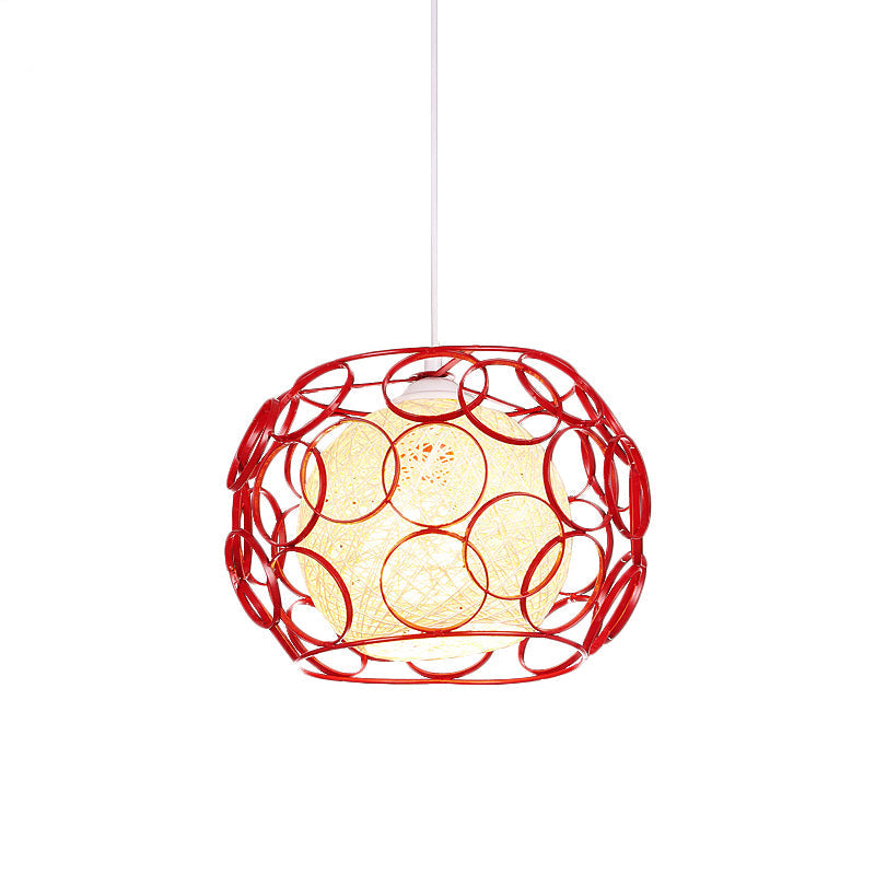 Modern Metal Hanging Pendant Light with Wire Guard and Weave Ball Shade – White/Green, 10"/12.5" W