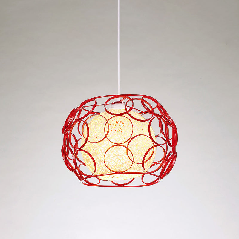 Modern Metal Hanging Pendant Light With Wire Guard And Weave Ball Shade White/Green 10/12.5 W