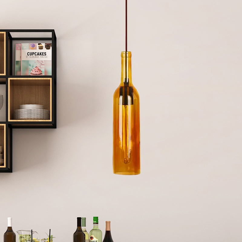Vintage Style Glass Wine Bottle Suspension Lamp For Dining Room - Red/Yellow 1 Head Hanging Light