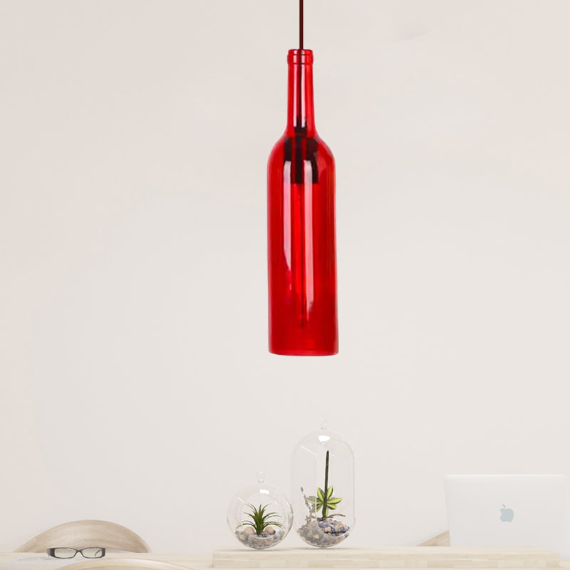 Vintage Style Glass Wine Bottle Suspension Lamp For Dining Room - Red/Yellow 1 Head Hanging Light