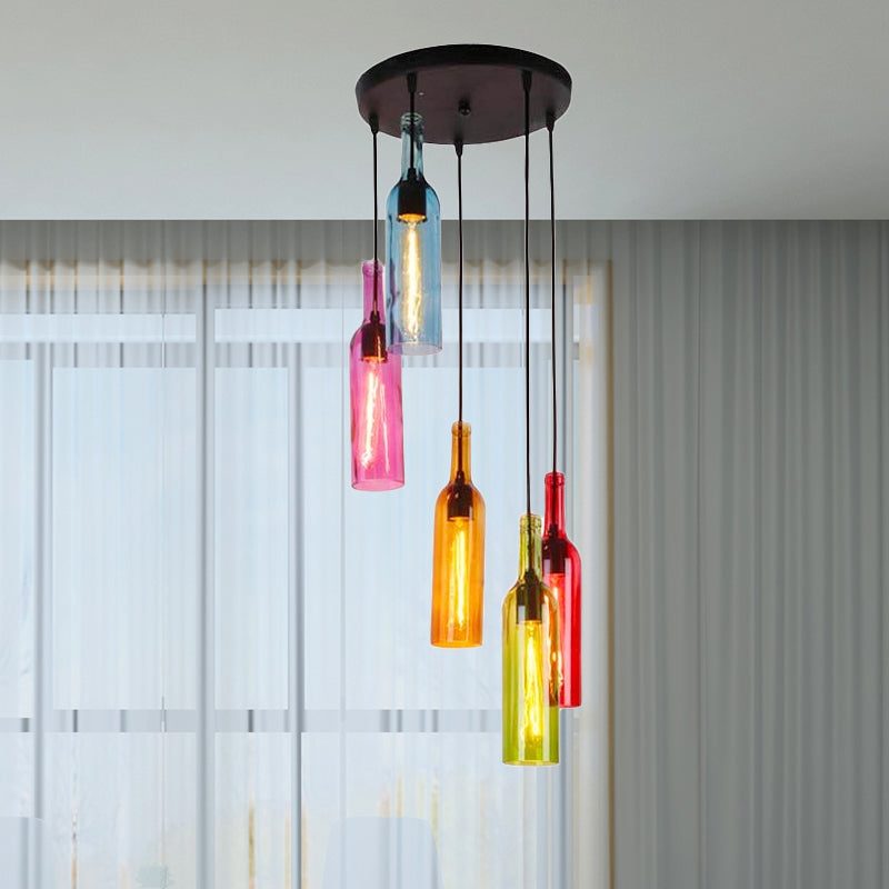 Lampe suspendue industrielle en verre à 3/5 têtes pour bouteilles de vin pour restaurants - Lampe suspendue noire avec auvent rond/linéaire