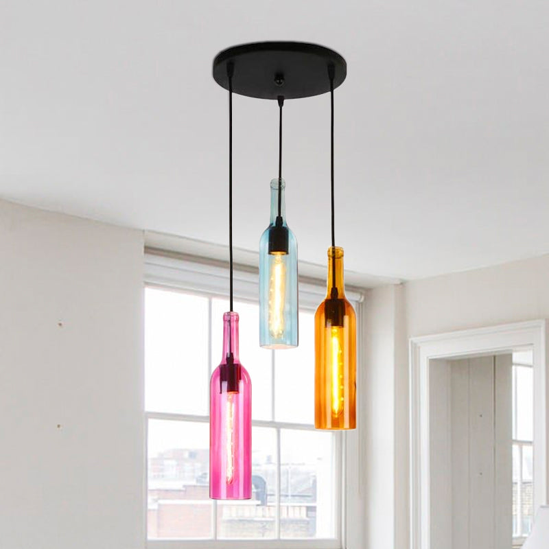 Lampe suspendue industrielle en verre à 3/5 têtes pour bouteilles de vin pour restaurants - Lampe suspendue noire avec auvent rond/linéaire