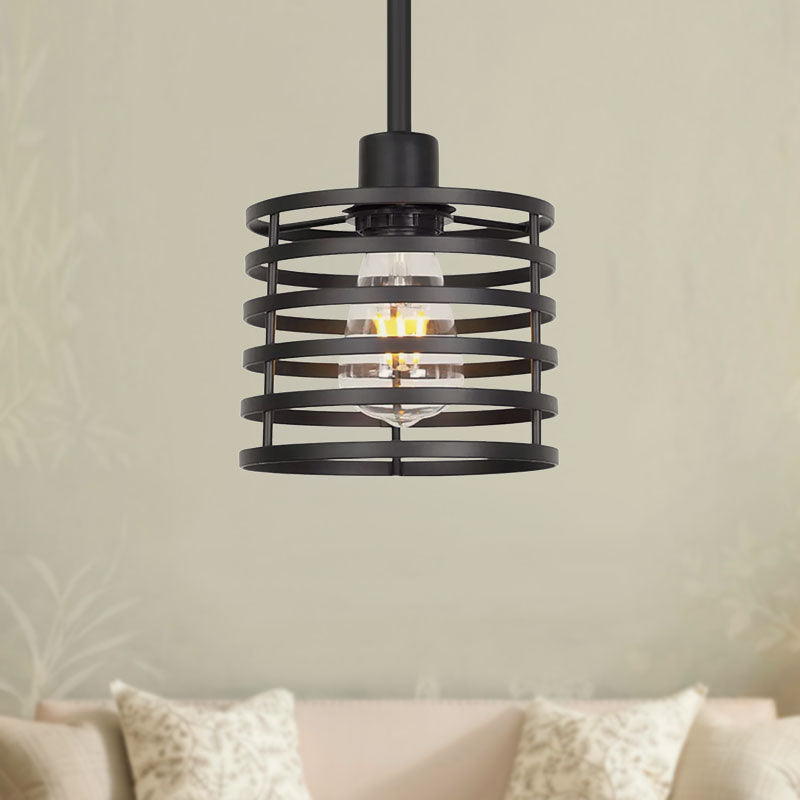 Vintage Wire Cage Hanging Lamp: Metallic Pendant Light with Cylindrical Black/Brass Shade
