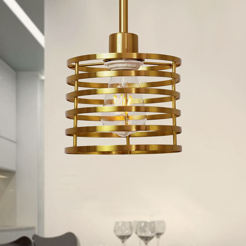 Vintage Wire Cage Hanging Lamp: Metallic Pendant Light with Cylindrical Black/Brass Shade