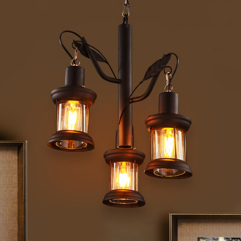 Lustre suspendu Coastal Lantern - Plafonnier à 3 lumières avec verre transparent en noir