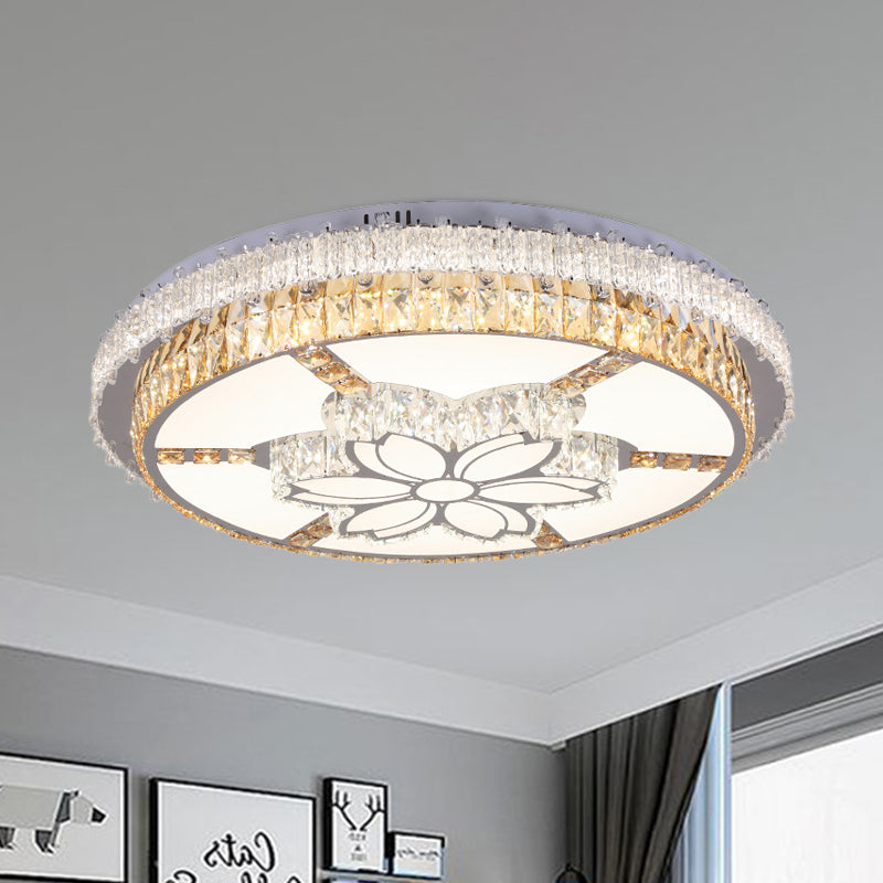 Contemporary LED Flush Mount with Clear Rectangular-Cut Crystals and Flower Design