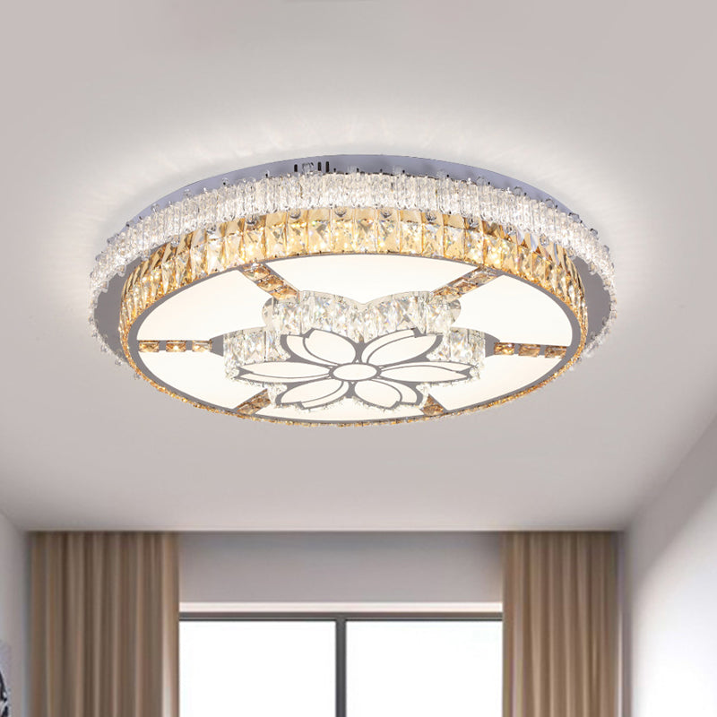 Contemporary LED Flush Mount with Clear Rectangular-Cut Crystals and Flower Design