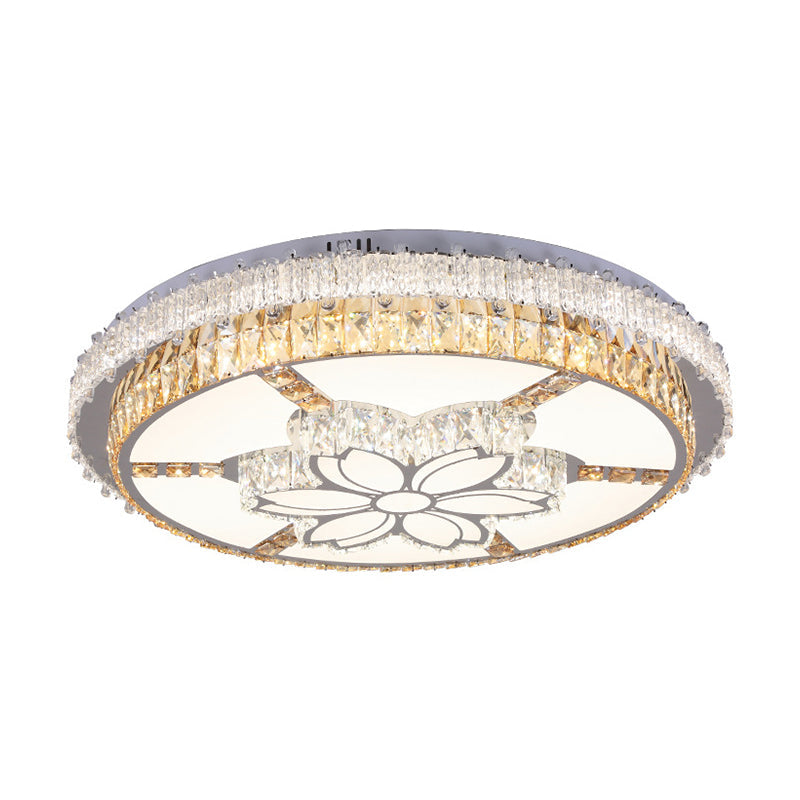 Contemporary LED Flush Mount with Clear Rectangular-Cut Crystals and Flower Design