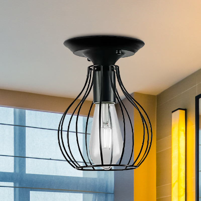 Plafonnier industriel élégant en fer noir - Design cage ovale/cloche, 1 lampe suspendue semi-encastrée pour couloir