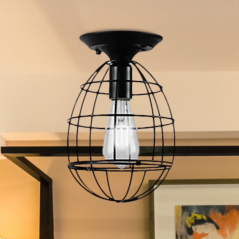 Plafonnier industriel élégant en fer noir - Design cage ovale/cloche, 1 lampe suspendue semi-encastrée pour couloir