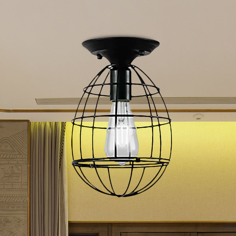 Plafonnier industriel élégant en fer noir - Design cage ovale/cloche, 1 lampe suspendue semi-encastrée pour couloir