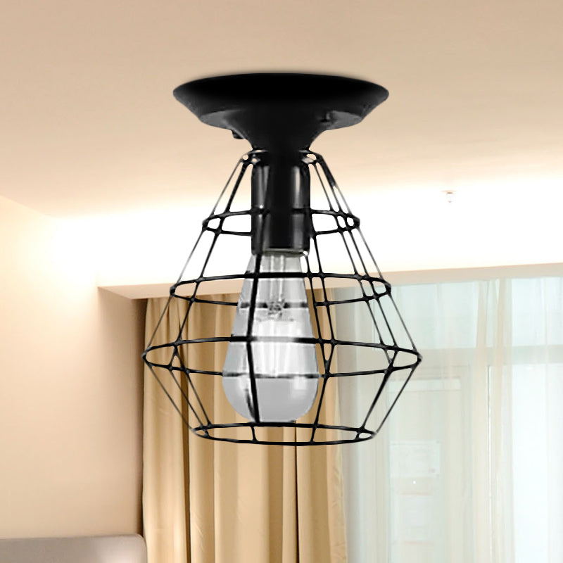 Plafonnier industriel élégant en fer noir - Design cage ovale/cloche, 1 lampe suspendue semi-encastrée pour couloir