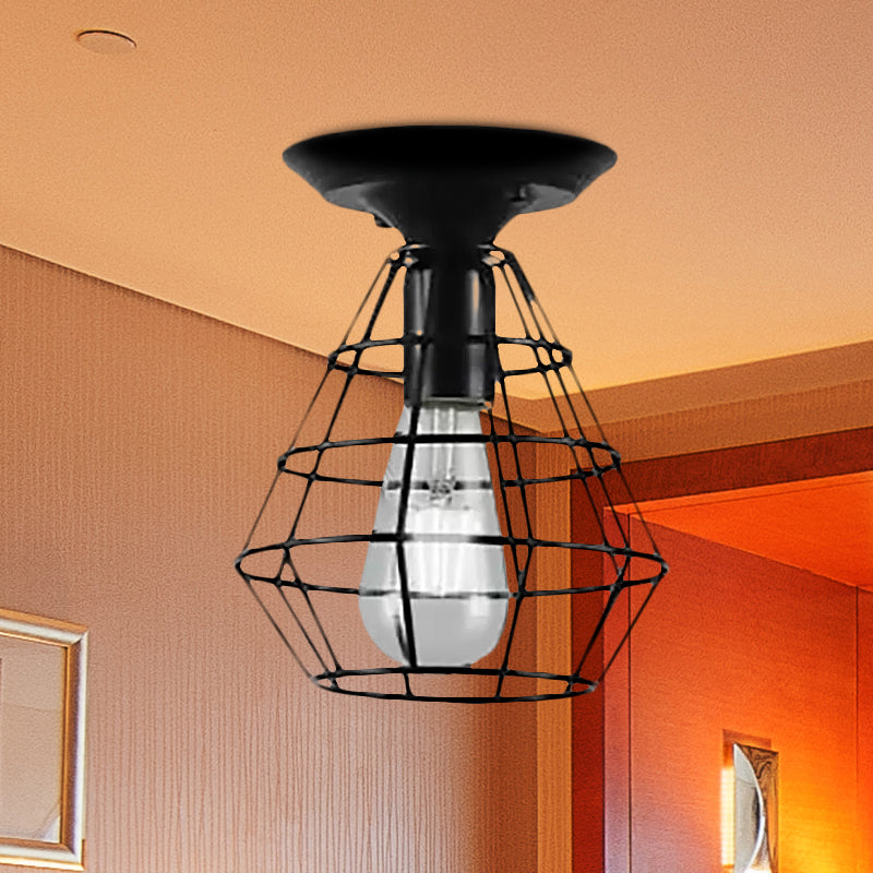 Plafonnier industriel élégant en fer noir - Design cage ovale/cloche, 1 lampe suspendue semi-encastrée pour couloir
