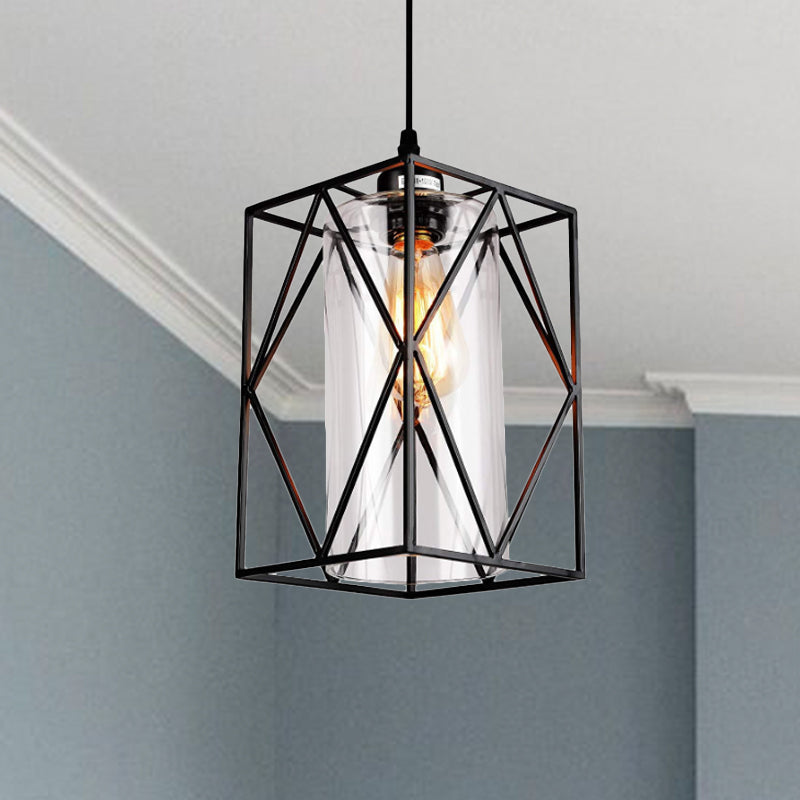 Plafonnier suspendu Farmhouse : cylindre noir avec verre/tissu transparent, à brancher pour le salon
