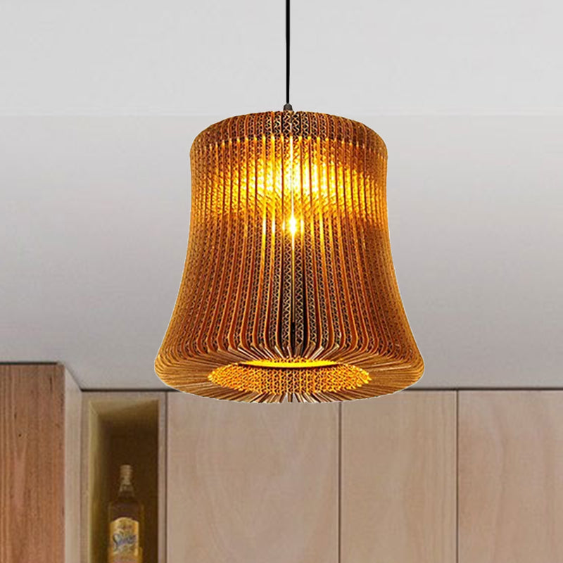 Asian Stylish Pendant Lighting - Brown Corrugated Paper Ceiling Fixture With Cylinder Shade Ideal