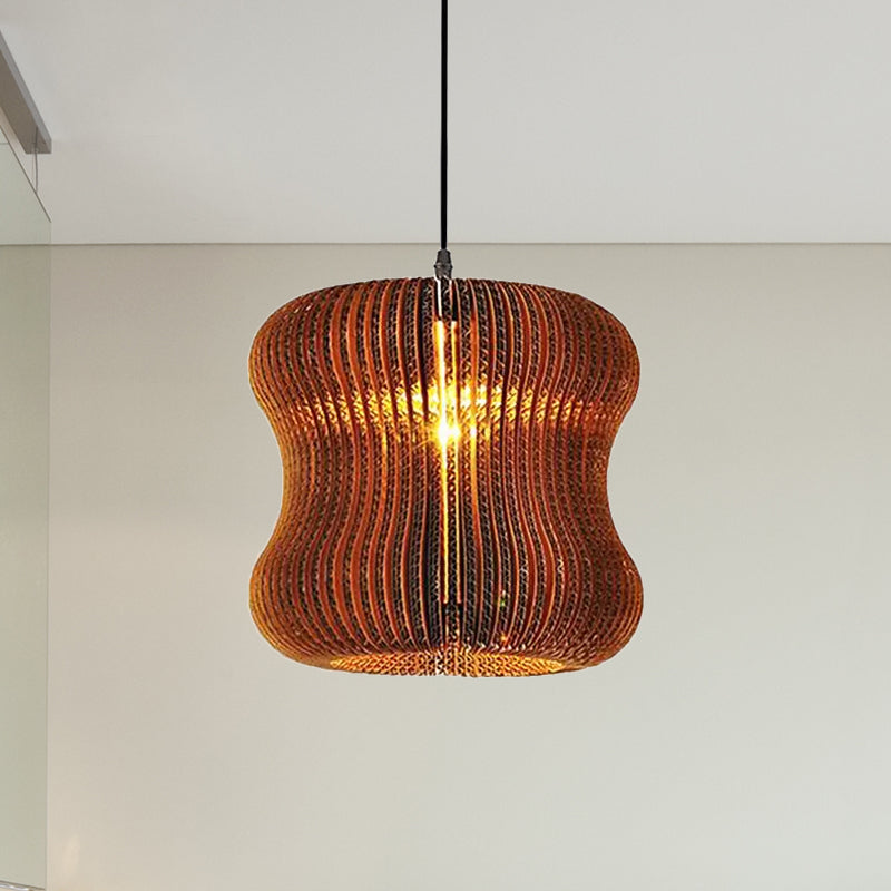 Stylish Brown Asian Dining Room Pendant Lighting - Ceiling Fixture with Cylinder Shade - 1 Bulb - Corrugated Paper
