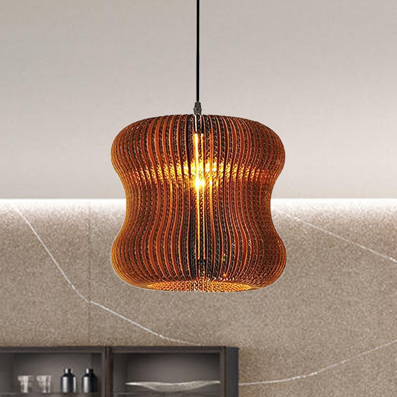 Asian Stylish Pendant Lighting - Brown Corrugated Paper Ceiling Fixture With Cylinder Shade Ideal