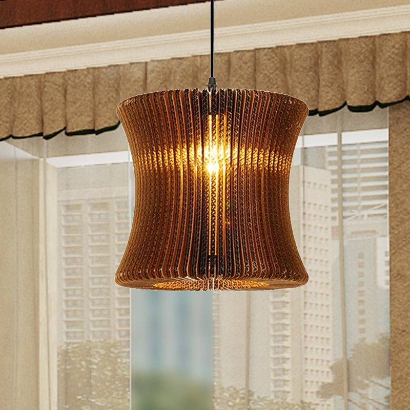 Asian Stylish Pendant Lighting - Brown Corrugated Paper Ceiling Fixture With Cylinder Shade Ideal