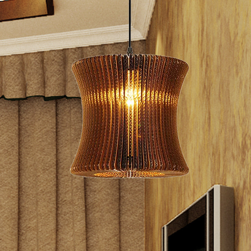 Stylish Brown Asian Dining Room Pendant Lighting - Ceiling Fixture with Cylinder Shade - 1 Bulb - Corrugated Paper