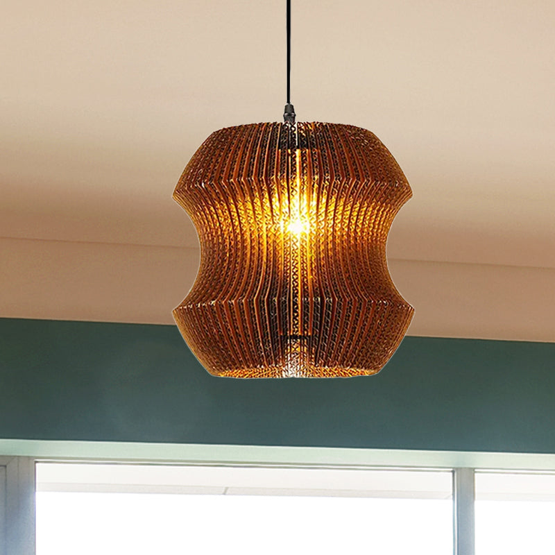 Asian Stylish Pendant Lighting - Brown Corrugated Paper Ceiling Fixture With Cylinder Shade Ideal