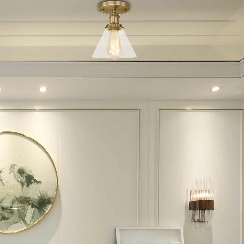 Industrial Clear Glass Ceiling Light in Black/Brass/Copper - Single Bulb Semi Flush Mount