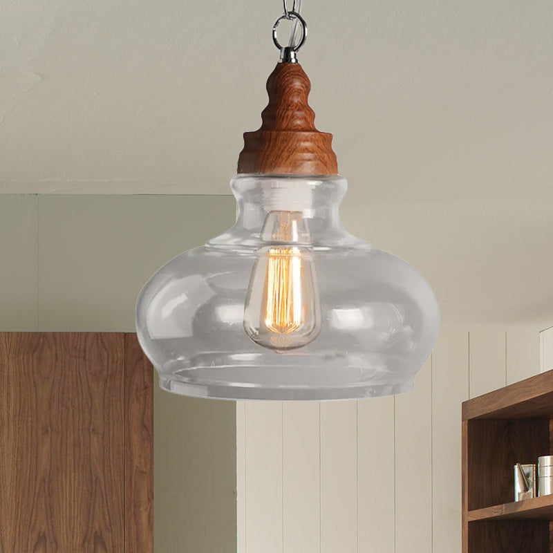 Vintage Wood Pendant Light With Clear Glass Shade - Ideal For Dining Room Ceiling Lighting