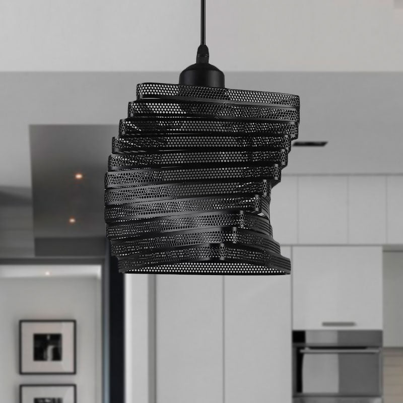 Industrial Twist Mesh Pendant Light - Black/White Metal Hanging Lamp With Triangle Shade