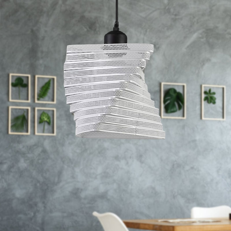 Industrial Mesh Screen Pendant Light - Twist Bulb, Black/White Metal, Triangle Shade