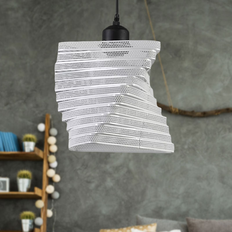 Industrial Twist Mesh Pendant Light - Black/White Metal Hanging Lamp With Triangle Shade