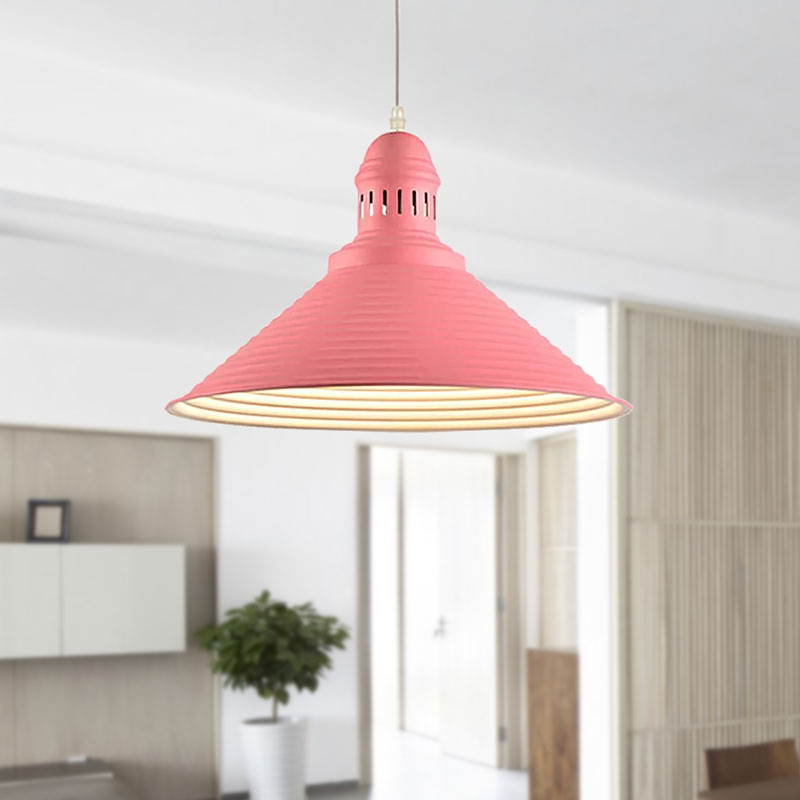 Modern Metal Ribbed Kitchen Pendant Light - Conical/Double Bubble, 1-Light, Red/Yellow/White