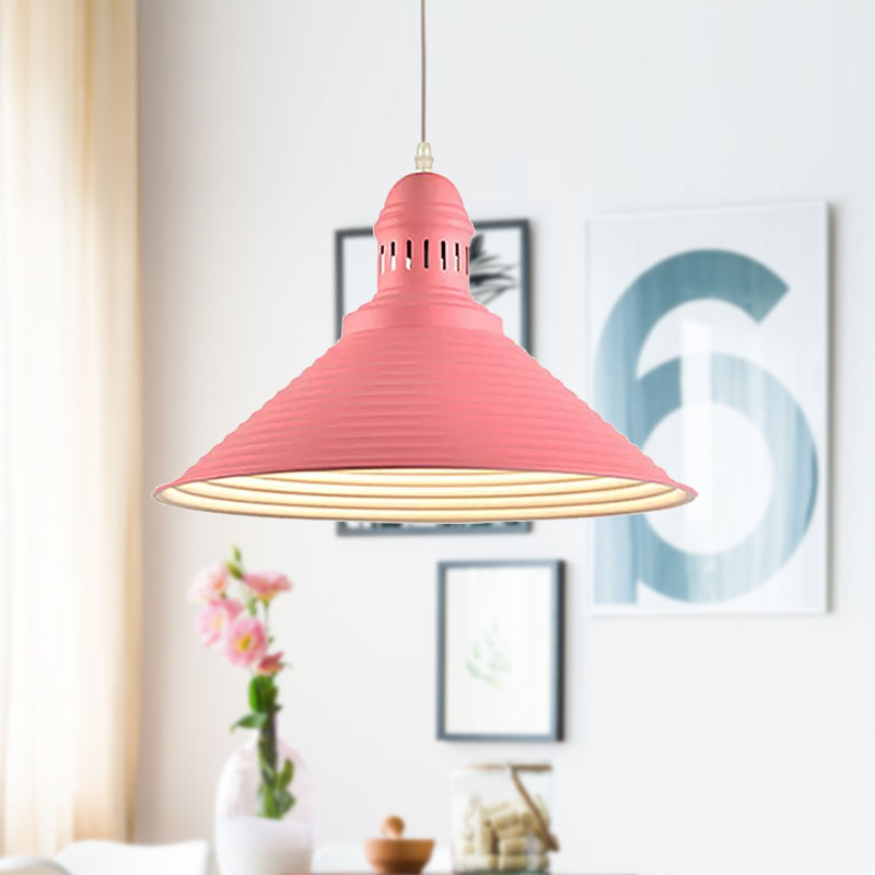 Modern Metal Ribbed Kitchen Pendant Light - Conical/Double Bubble, 1-Light, Red/Yellow/White