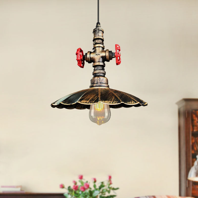 1 Light Rustic Scalloped Edge Ceiling Pendant in Brass/Weathered Copper with Pipe & Valve