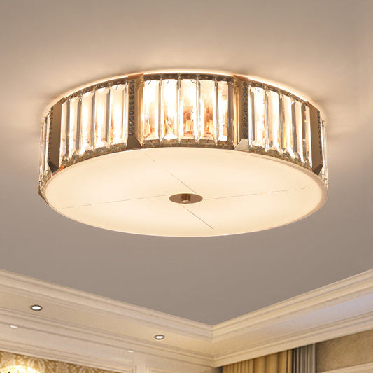 Contemporary Drum Crystal Flush Mount Lamp - 6/8 Bulbs, Clear Rectangular-Cut Crystals, 19.5"/23.5" Wide
