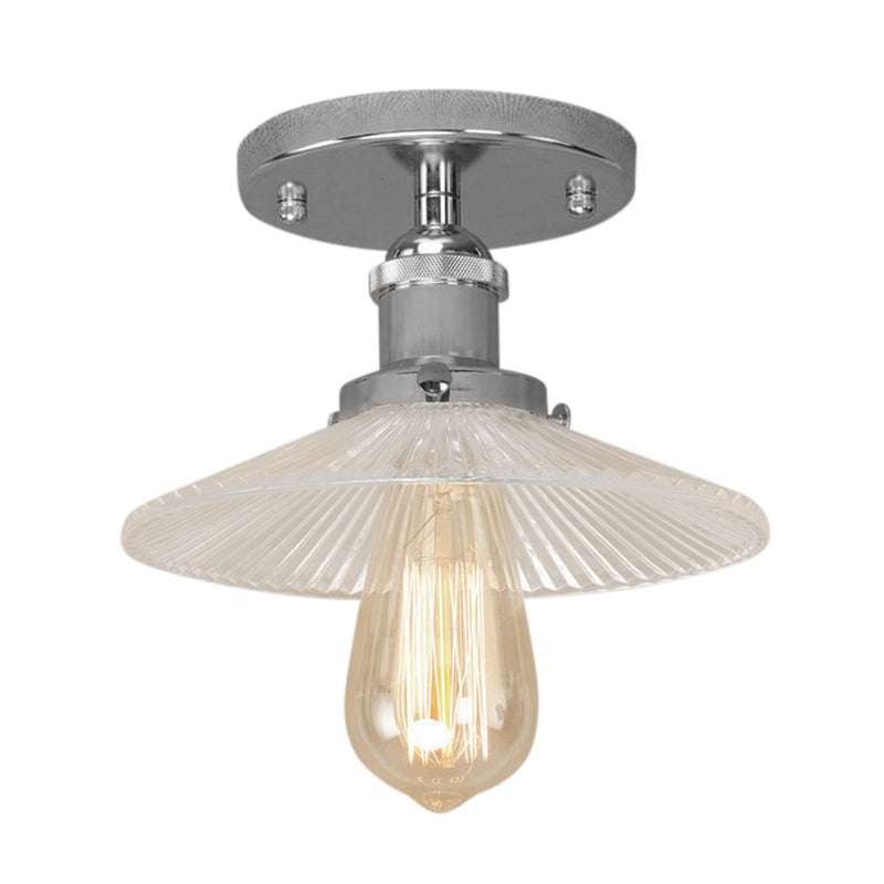 Semi Mount Ribbed Glass Cone Ceiling Light in Black/Brass/Copper - Industrial Style for Living Room - 1 Bulb