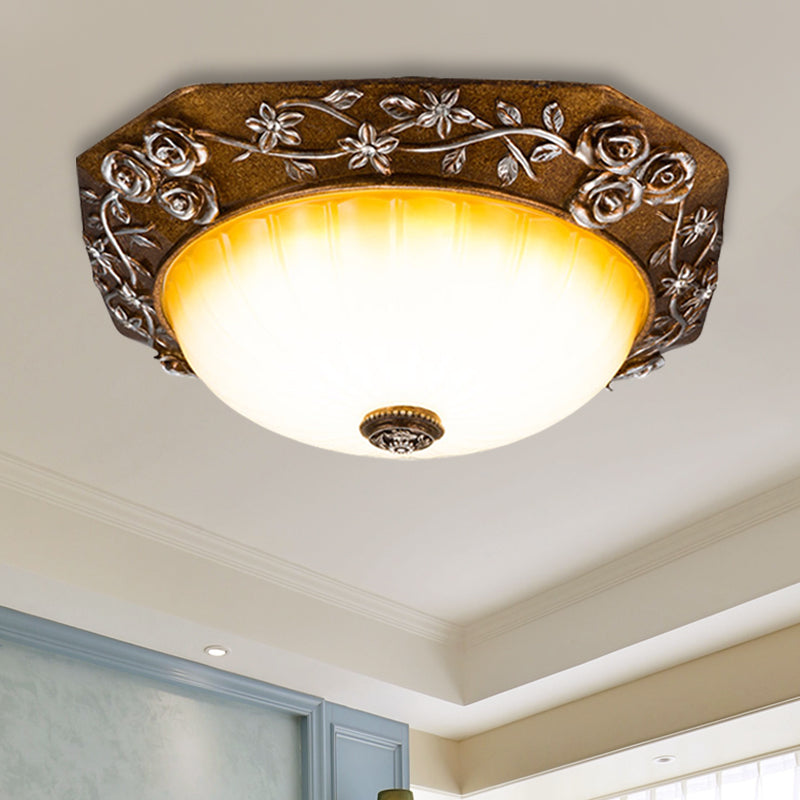 Traditional Flush Mount LED Ceiling Light with Carved Bloom Design in Brown, 14"/16" Wide