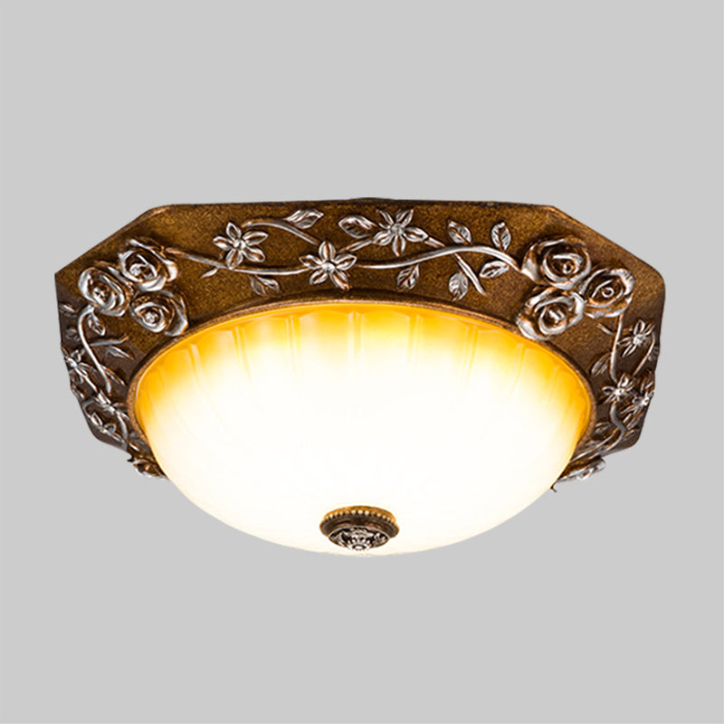 Traditional Flush Mount LED Ceiling Light with Carved Bloom Design in Brown, 14"/16" Wide