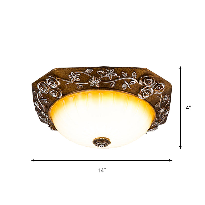Traditional Flush Mount LED Ceiling Light with Carved Bloom Design in Brown, 14"/16" Wide
