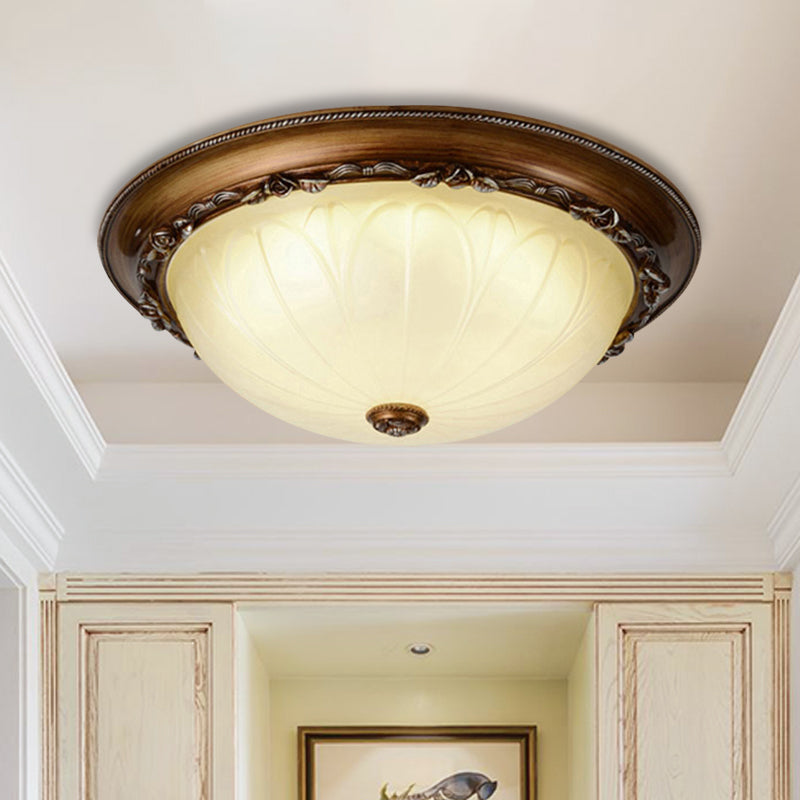 Countryside Brown LED Flush Mount Ceiling Fixture, 14"/16" Width, Ribbed Frosted Glass