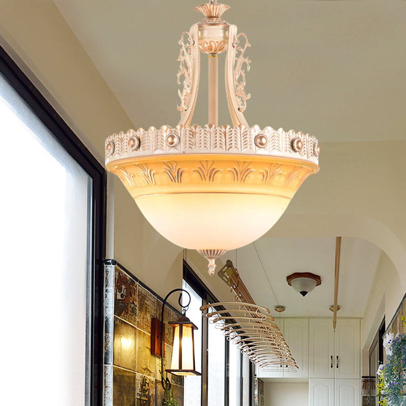 Rustic Beige/Brass Bell Shape Hanging Lamp - Milky Glass Single Head Hallway Pendant 12/16/19.5 Wide