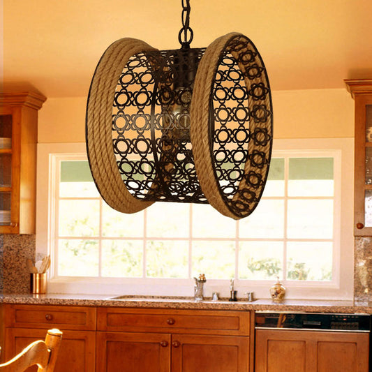 1-Light Lodge Indoor Pendant Lamp with Mesh Drum Metal Shade and Rope Detail in Black