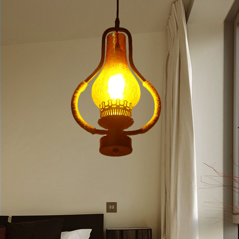 Vintage Yellow Crackle Glass Kerosene Pendant Light for Living Room - Black 1-Light Hanging Ceiling Lighting
