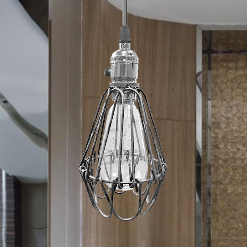 Farmhouse Style Metal Wire Frame Pendant Light - 1-Light Living Room Hanging Lamp in Aged Silver/Antique Copper