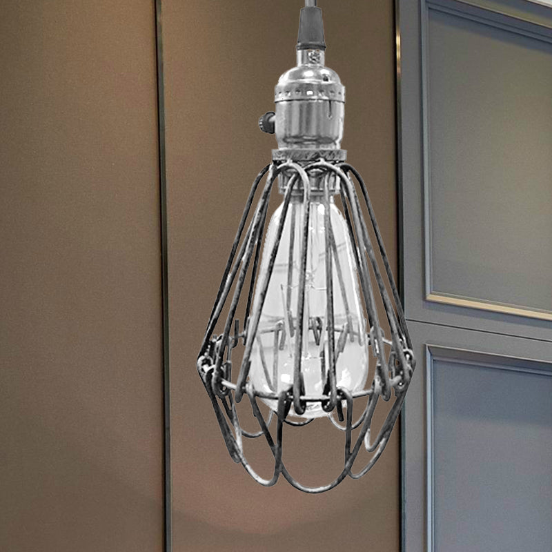 Farmhouse Style Metal Wire Frame Pendant Light - 1-Light Living Room Hanging Lamp in Aged Silver/Antique Copper