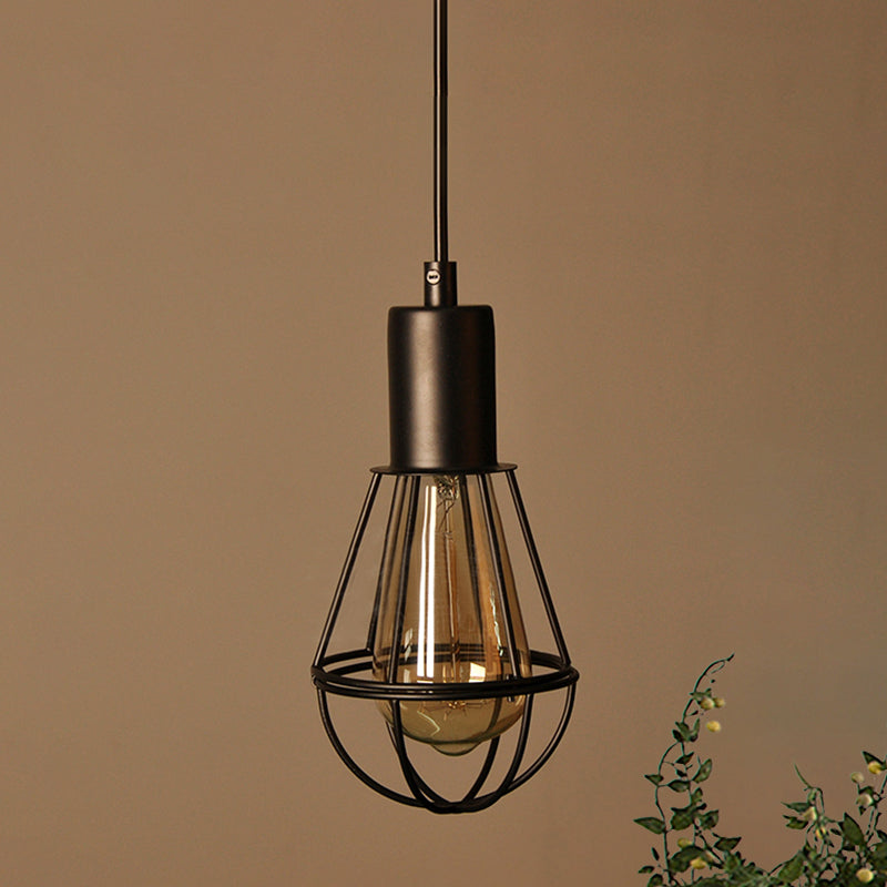 Vintage Industrial Black Metal Cage Pendant Light - 1 Head Living Room Lamp
