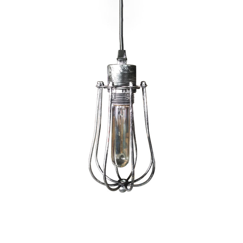 Wrought Iron Caged Pendant Light Rustic Industrial - Coffee Shop Suspension In Aged Silver/Copper