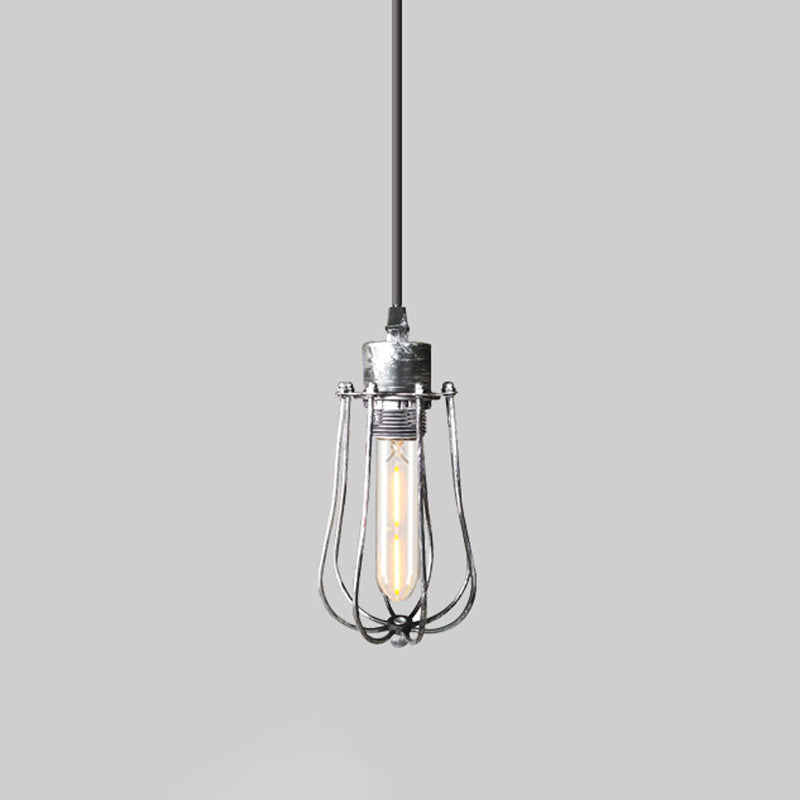 Wrought Iron Caged Pendant Light Rustic Industrial - Coffee Shop Suspension In Aged Silver/Copper