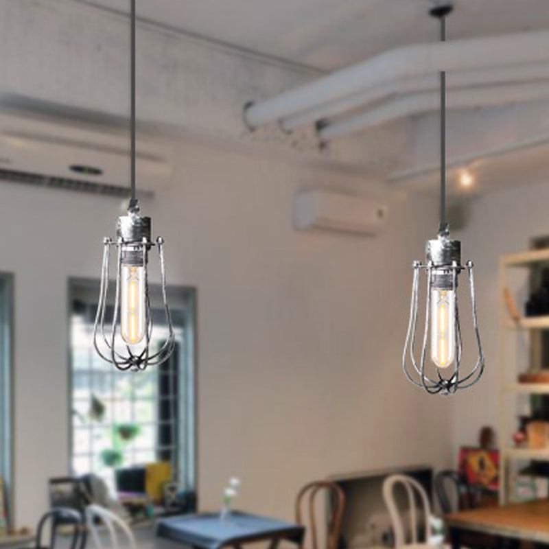 Wrought Iron Caged Pendant Light Rustic Industrial - Coffee Shop Suspension In Aged Silver/Copper